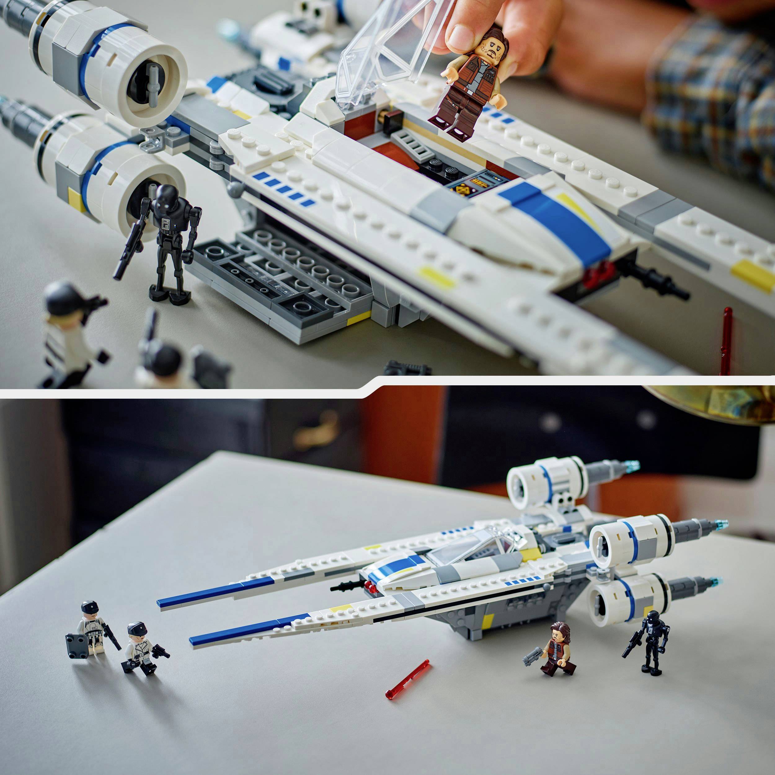 Top: A person holding a minifigure in a LEGO® spaceship model. Bottom: The finished spaceship with LEGO® figures on the table.
