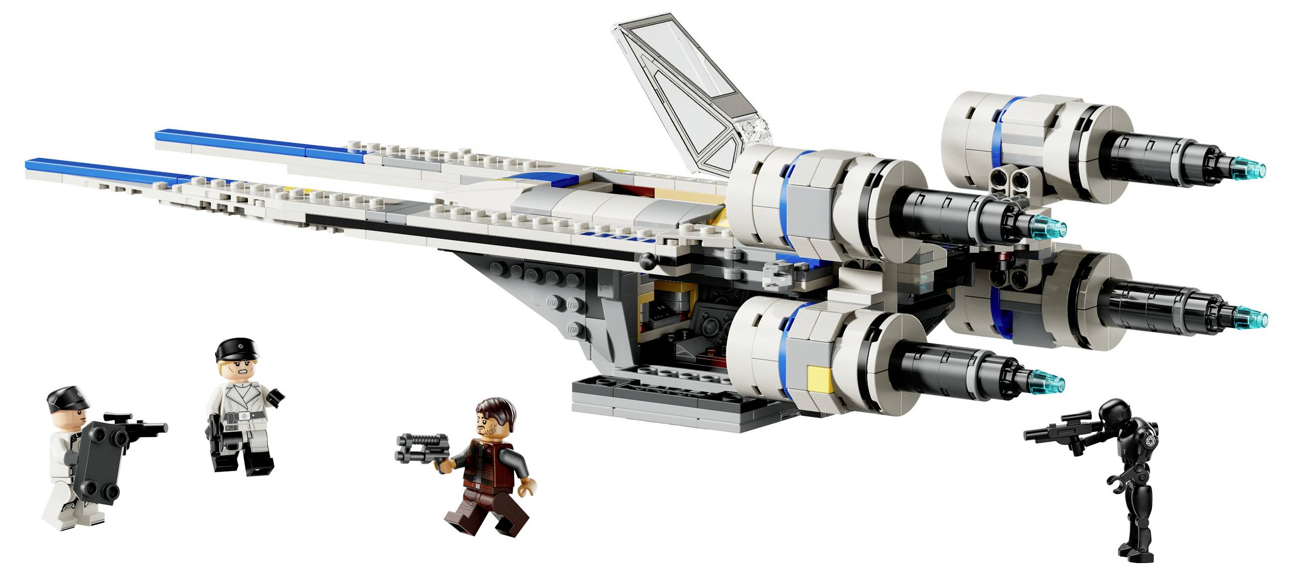 LEGO set shows a spaceship with two figures and a droid. Figures are carrying weapons, and the spaceship has four turbines and blue accents.