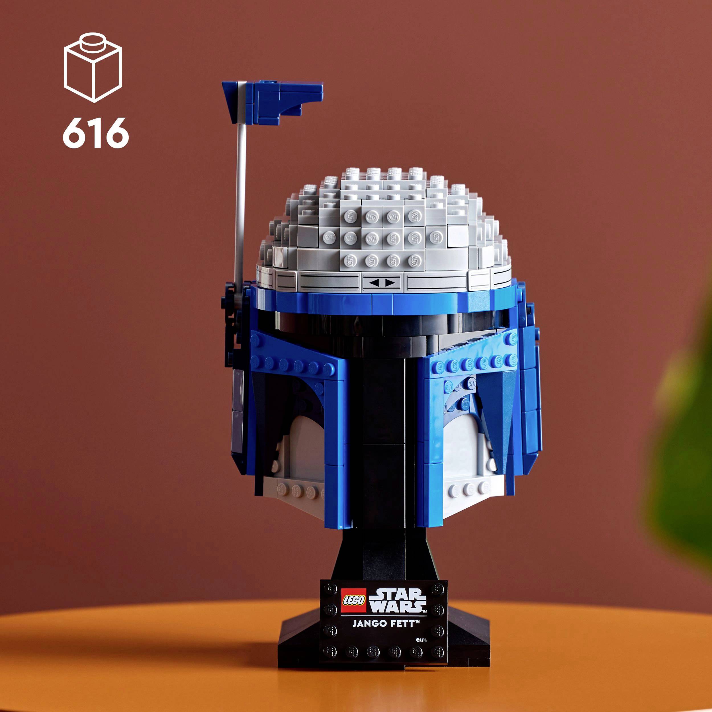 LEGO model of a 'Star Wars' helmet belonging to Jango Fett on a stand, against a brown background with the text '616'.
