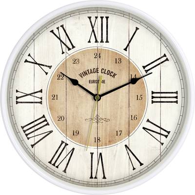 Analogue wall clock with Roman numerals. White frame, central dial with the inscription 'VINTAGE CLOCK EUROPE'. Showing 10:10.