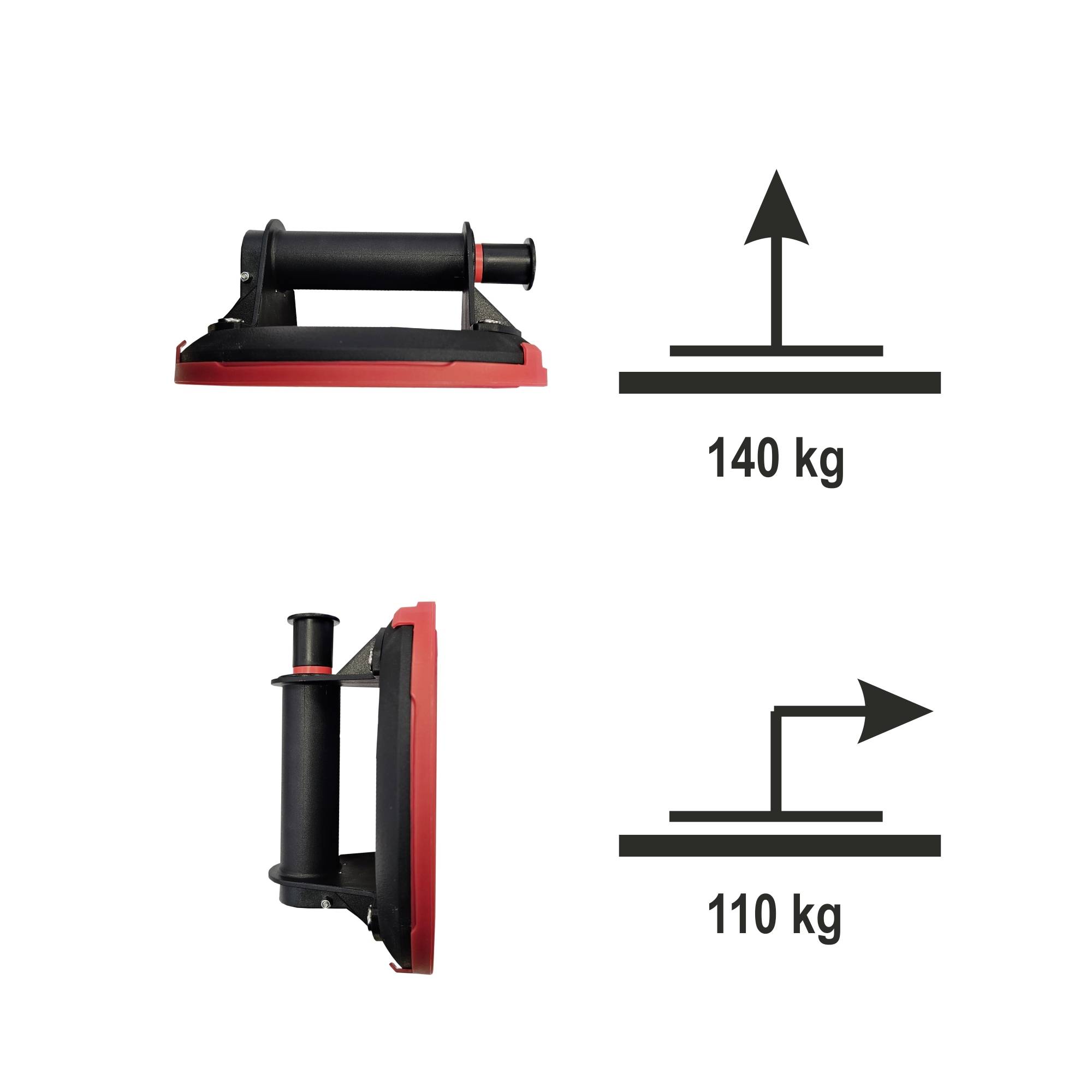 'Side view' and 'top view' each show a lifting device that can lift up to 140 kg and 110 kg respectively.