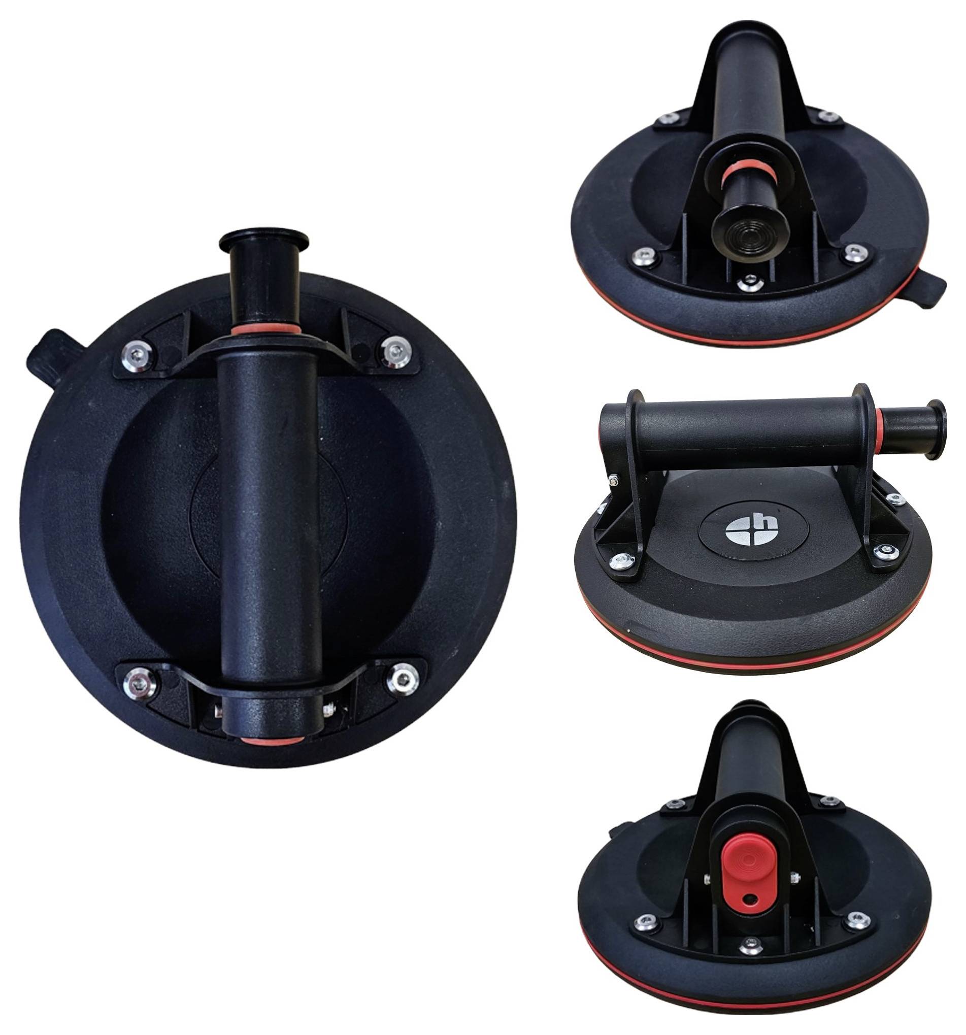 Suction cup handle in black plastic with a red accent. Three views: Front, side, and angled. Used for lifting smooth surfaces.
