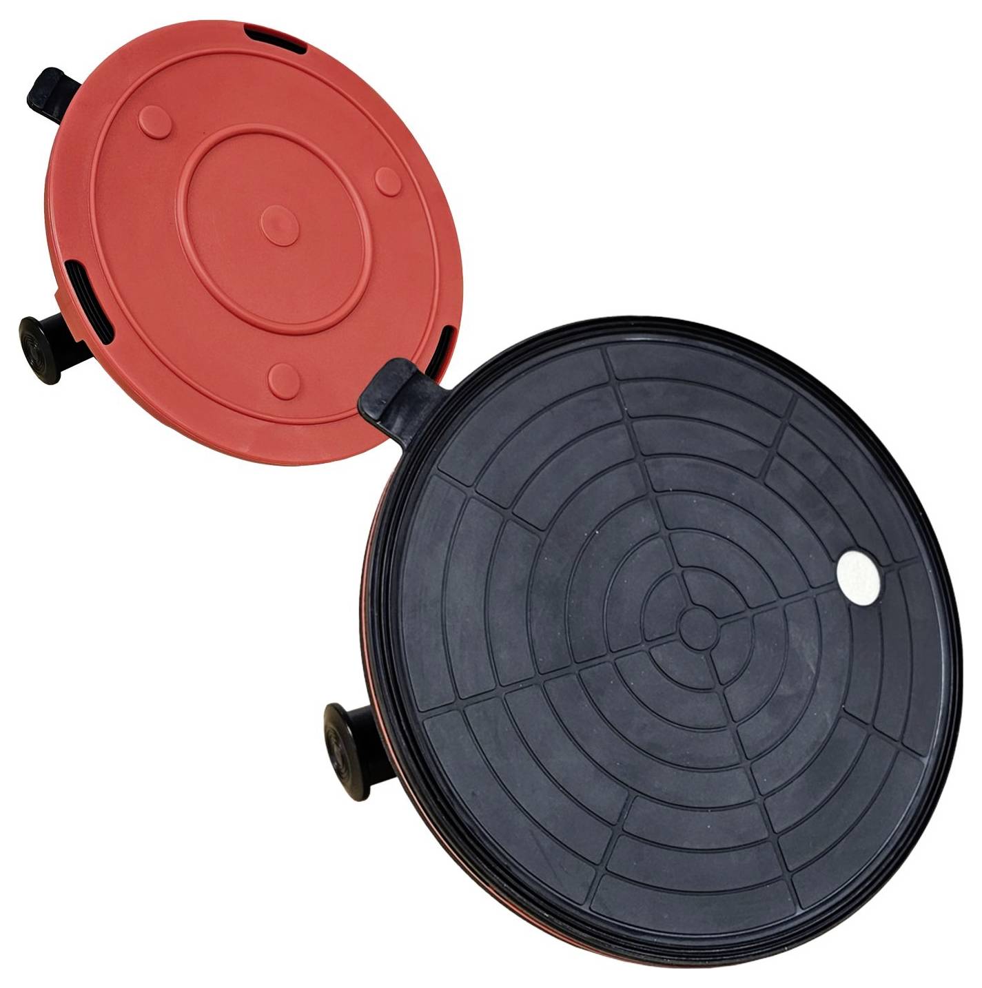 Two round furniture movers, one black and one red, each with four wheels, for easy transportation of heavy items.