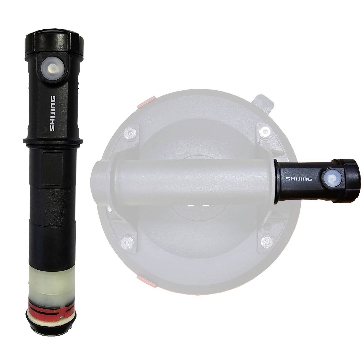 Hand torch with a red handle, black and white casing and button. In the background, a top-down view of the same torch.