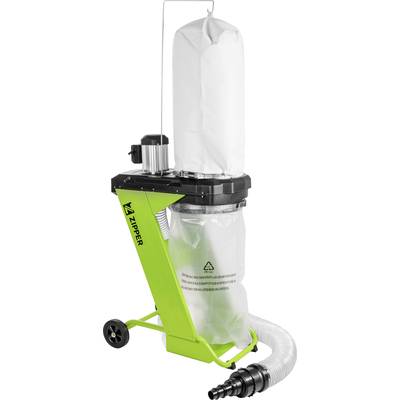 Wheeled vacuum cleaner with a green casing and transparent dust bag, connected to a flexible suction hose. Brand: Zipper.