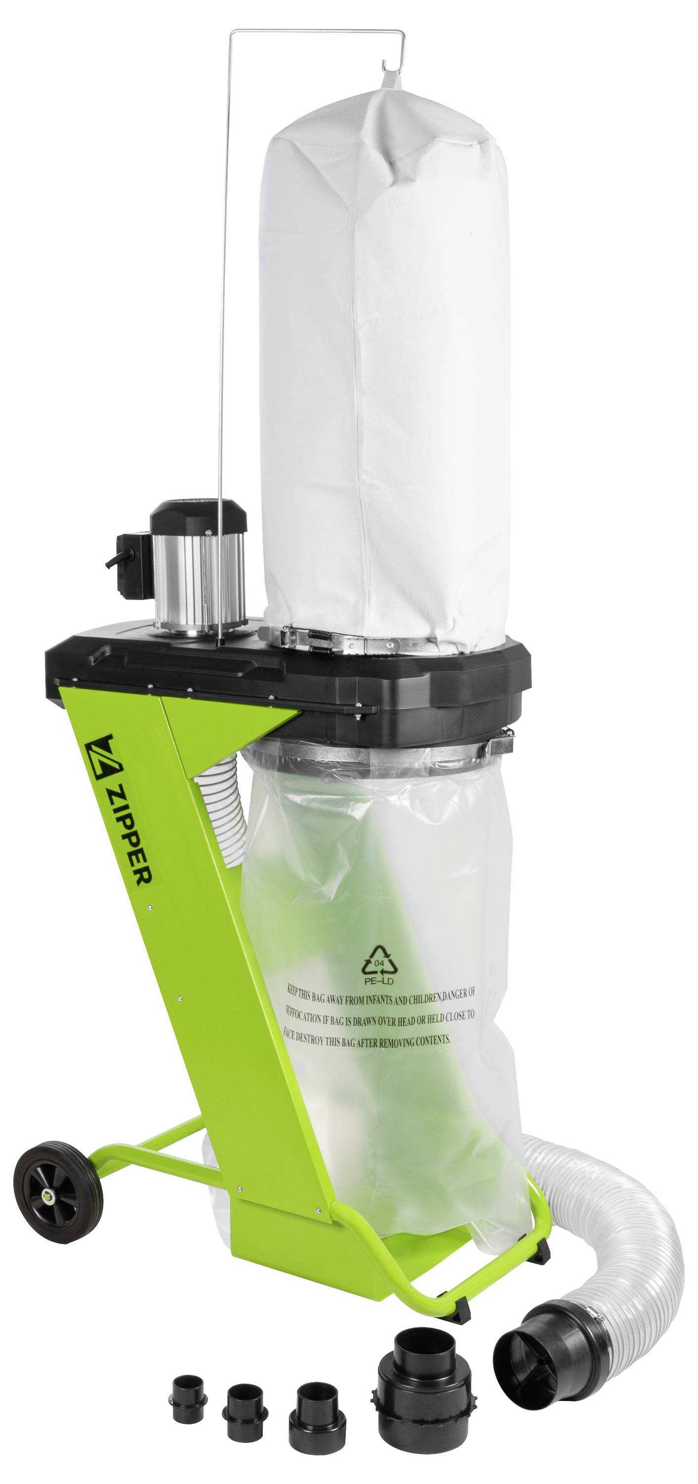 Vacuum cleaner with a green frame and a long white filter bag. A transparent dust bag at the bottom, a white textile bag on top. Accessories at the front.