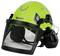 Green safety helmet with visor and ear protection from the Zipper brand, suitable for safety work.