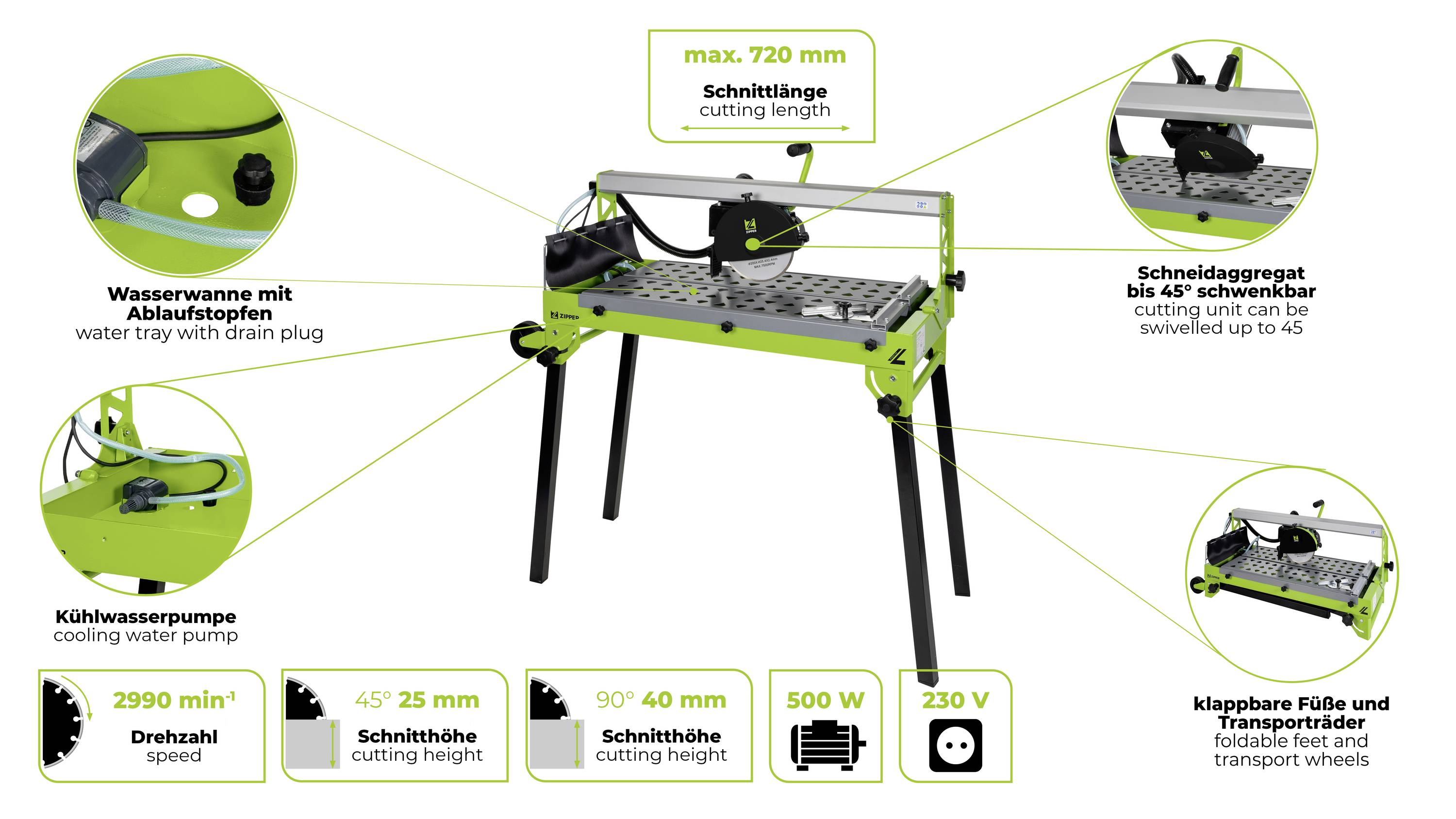 Tile cutting machine with water tray, cooling water pump, speed and cutting angle display. Cuts tiles up to 720mm in length.