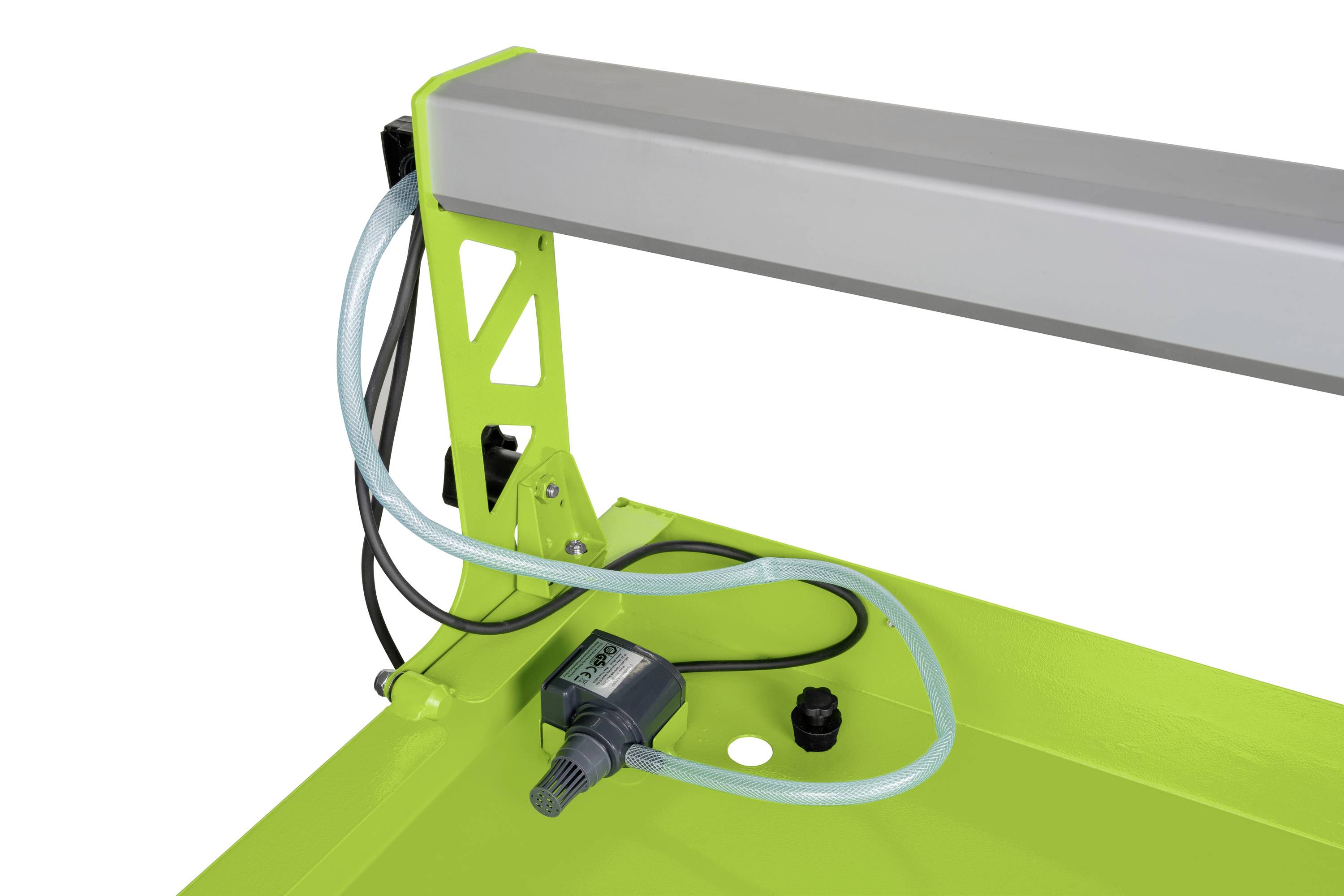 Grey metal frame with a grey beam at the top. A hose and cable are attached to a black pump at the bottom.