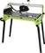 A green tile cutter with a black cutting wheel mounted on a sturdy table, suitable for precise tile cutting.