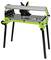 A green, folding workbench with an integrated saw and black framework. Perfect for DIY projects.
