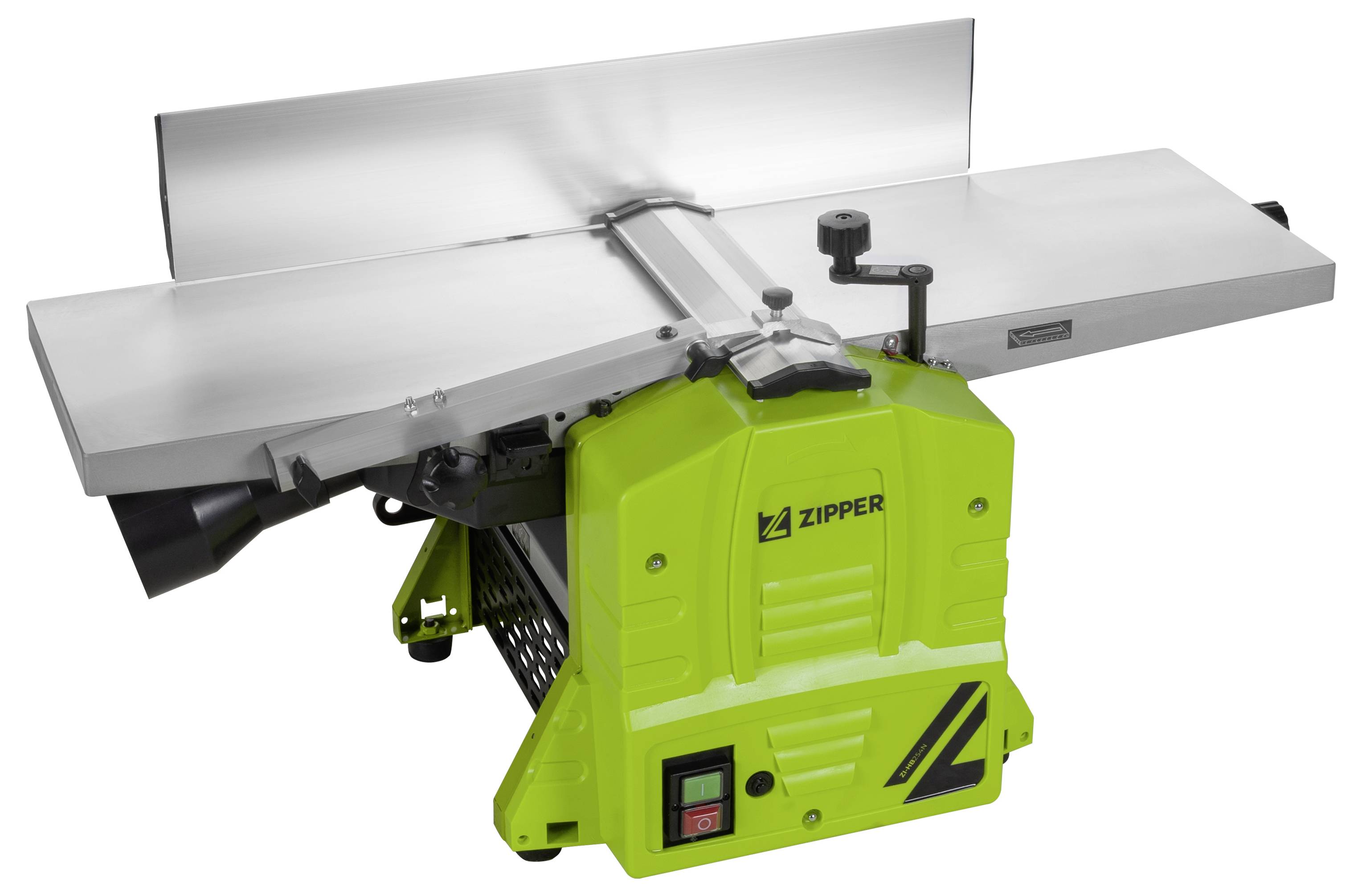 Green planing machine on white background, with adjustable table and safety lock.