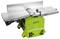Green planing machine on white background, with adjustable table and safety lock.