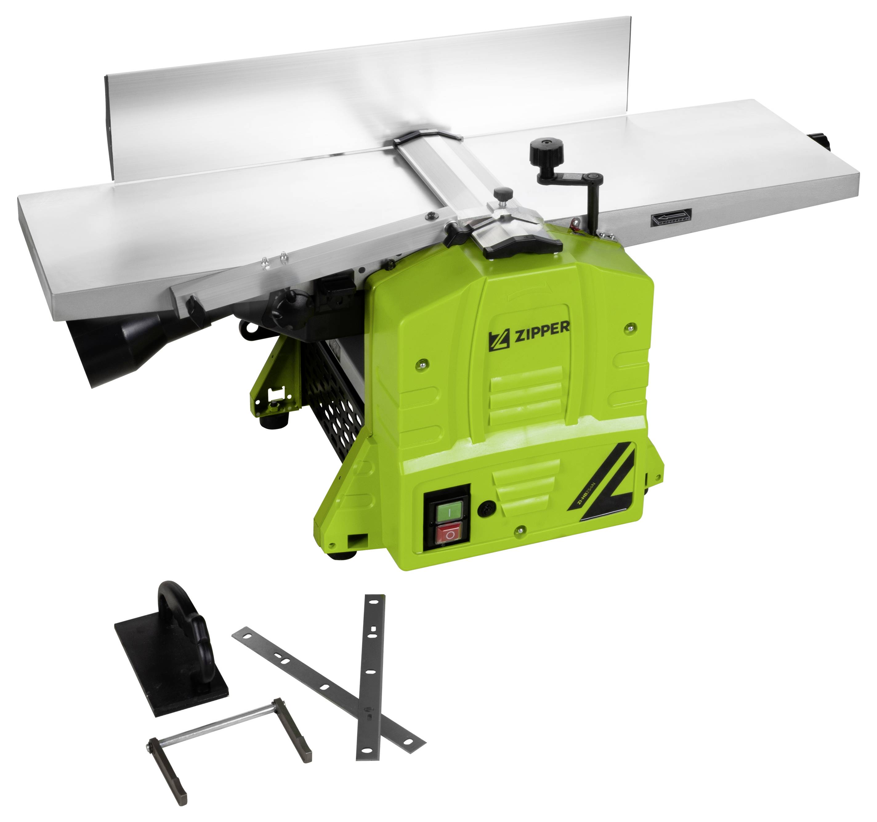 A green planing machine with a metal table, switch and accessories such as straight blades and protective cover.