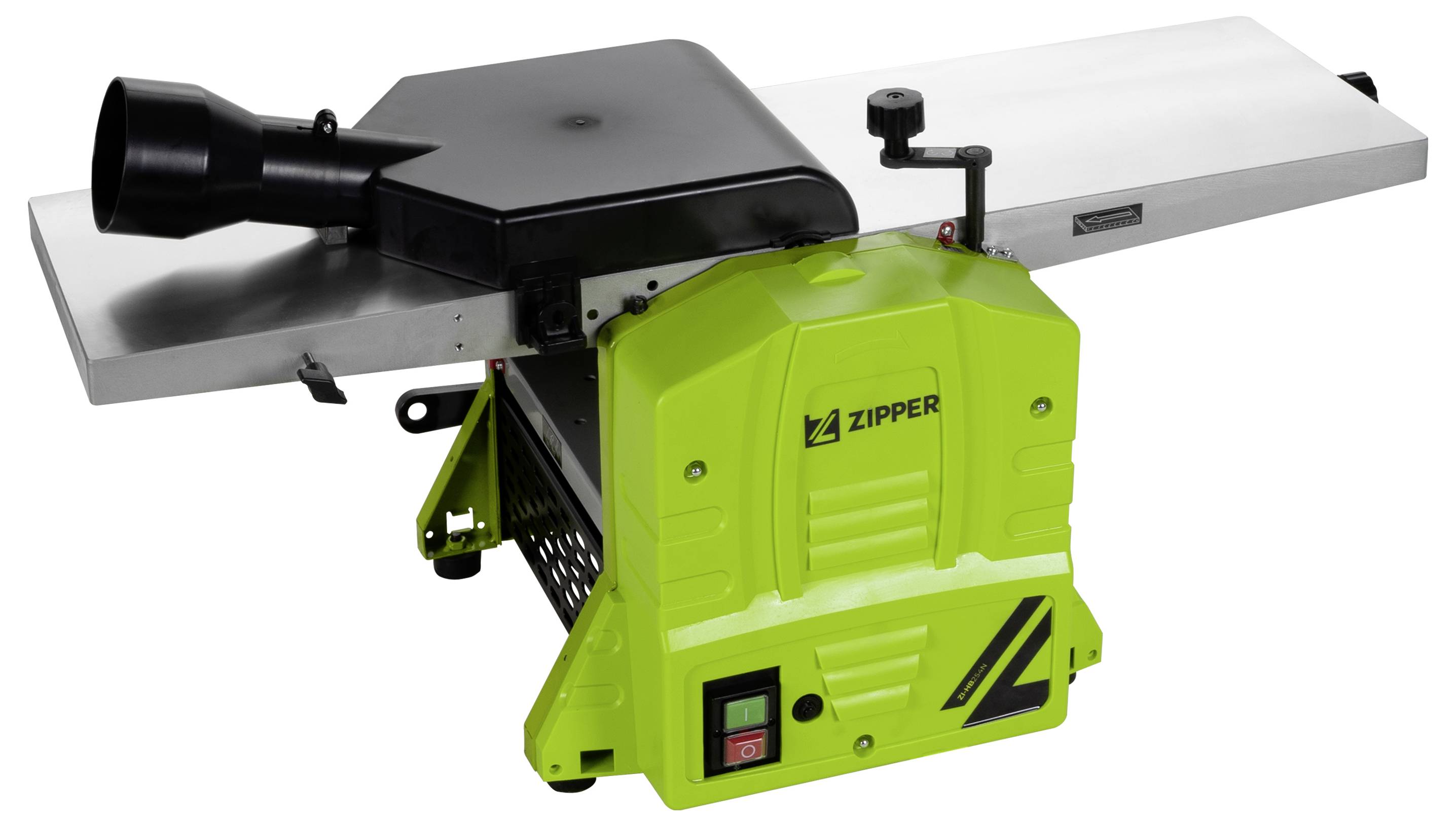 Green zipper planer with metal table and black extraction pipe.