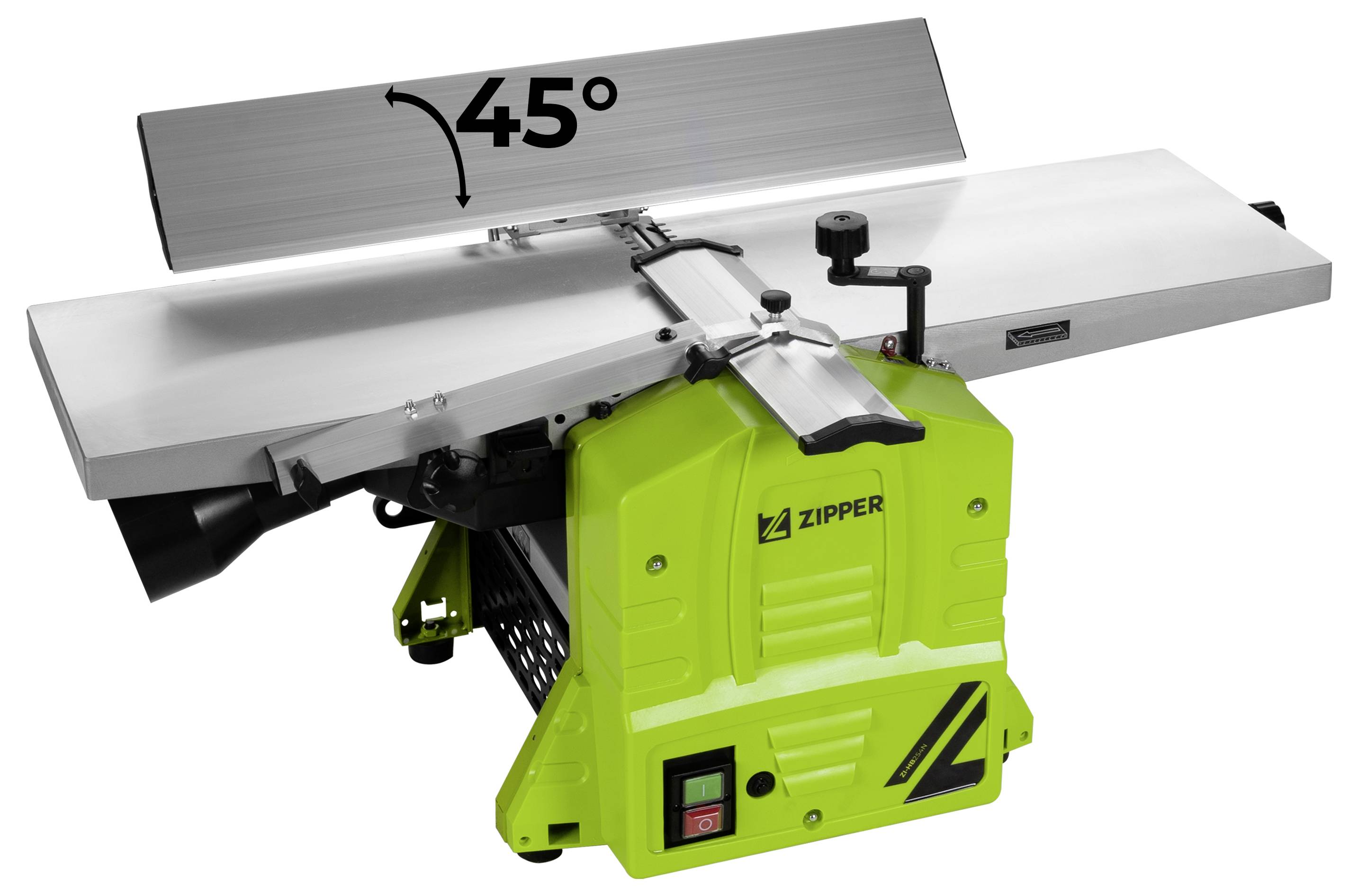 'Planing machine in a green housing with an adjustable guide element that can be tilted up to 45 degrees.'