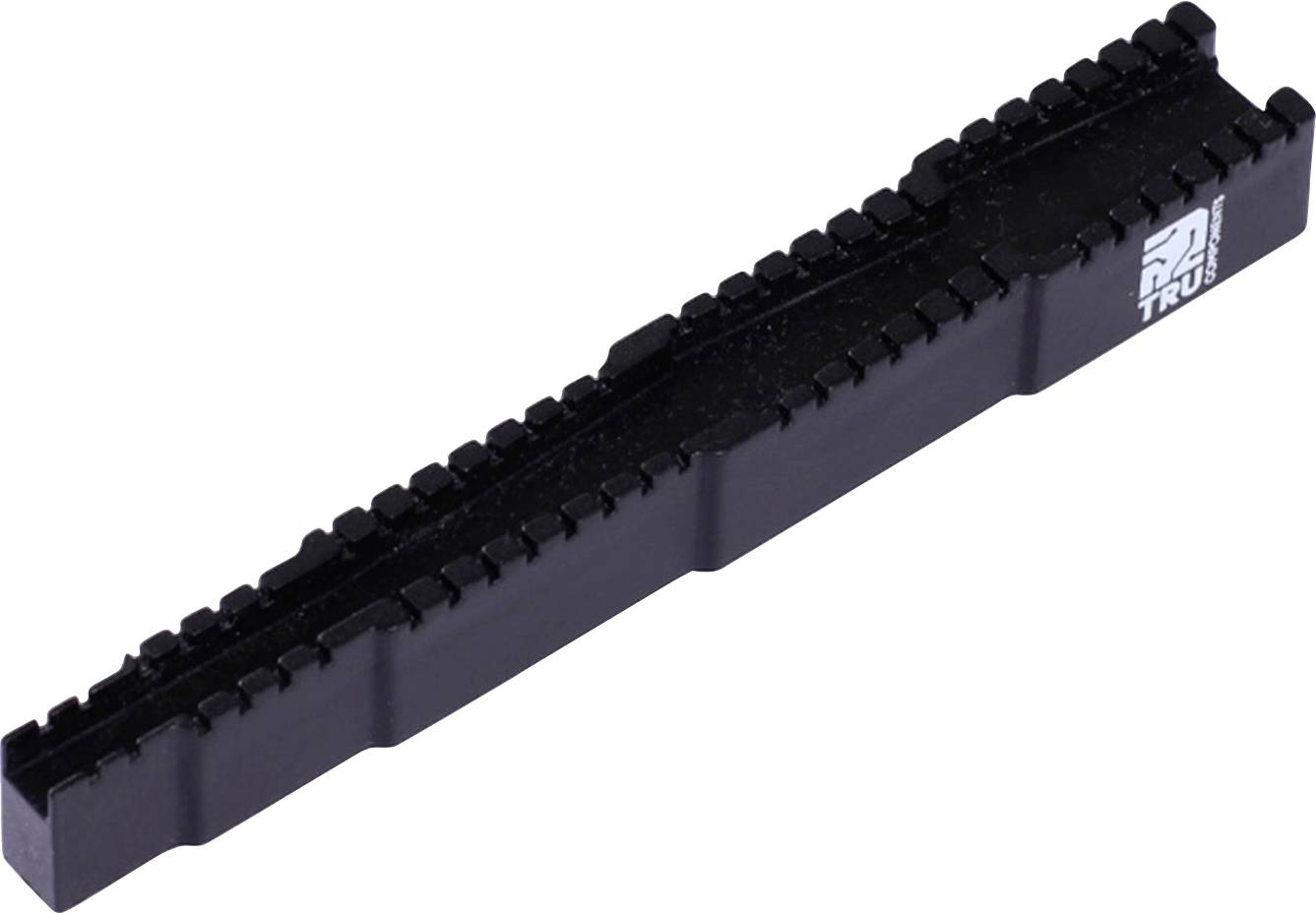 A black, rectangular component with a jagged top surface and brand logo on the side. Potentially an electrical or mechanical element.