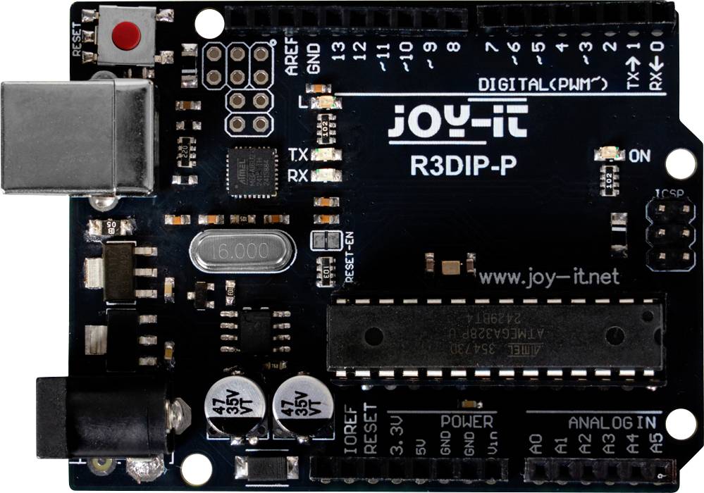 Arduino-compatible board with USB, power, and pin connections, labelled 'joy-it R3DIP-P'. Suitable for electronic projects.