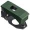 'Green plastic and metal clip with a hole and spring mechanism for fixing or connecting components.'