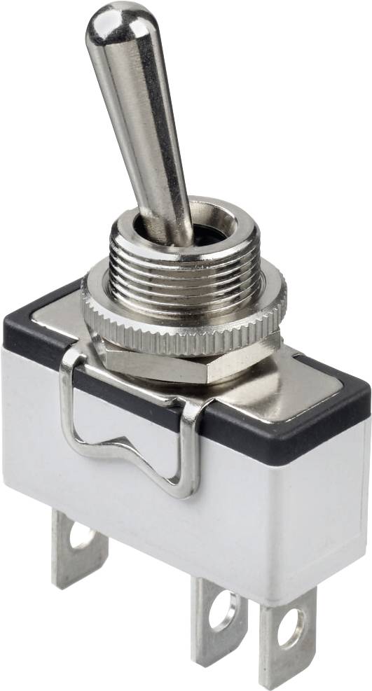 A metal and plastic toggle switch stands upright. It has two connections at the bottom for electrical connections.