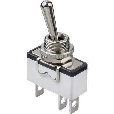 A metal and plastic toggle switch stands upright. It has two connections at the bottom for electrical connections.