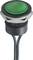 Round green push button with black housing and two cables. Designed for industrial control systems or control panels.