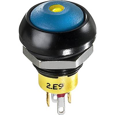 A round blue push button with a yellow dot in the centre, mounted on a metallic threaded screw with three connection pins.