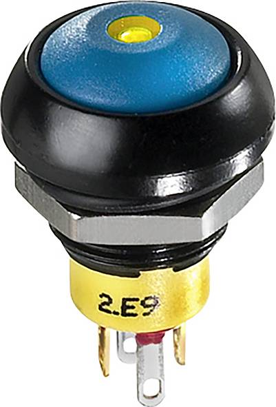 A blue push button, circular design, with a yellow base and two metal terminals for electrical connection.