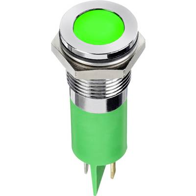 Green metal button with luminous surface, cylindrical with threading, suitable for electronic devices or switches.
