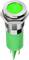 Green metal button with luminous surface, cylindrical with threading, suitable for electronic devices or switches.