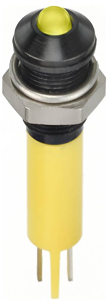 A yellow LED switch with a metal thread and black plastic housing, suitable for electronic devices to indicate current.