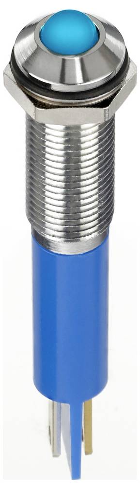 A round blue push button with a metal housing and thread, ready for installation in an electrical control panel system.