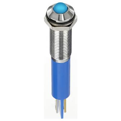 A round blue push button with a metal housing and thread, ready for installation in an electrical control panel system.