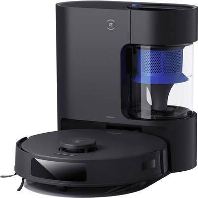 A round, black robotic vacuum cleaner in front of a black charging station with a transparent container and blue filter.