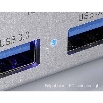 Close-up of two USB 3.0 ports with bright blue LED indicator light.
