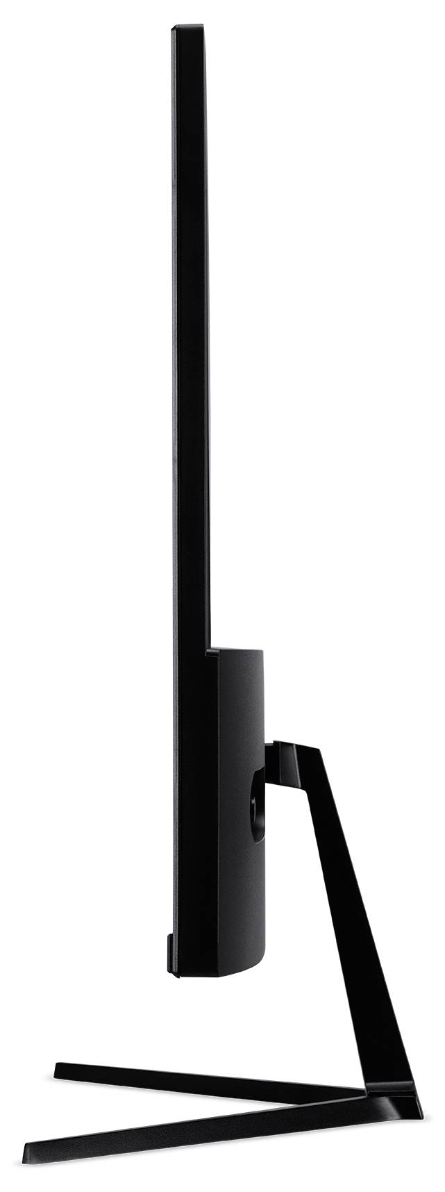 A slim, side-profiled flat screen display mounted on a sleek, black stand.