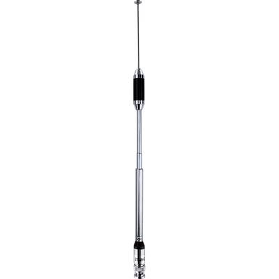A silver stainless steel hand blender with a sleek design and a blade at the bottom end, suitable for chopping and blending.