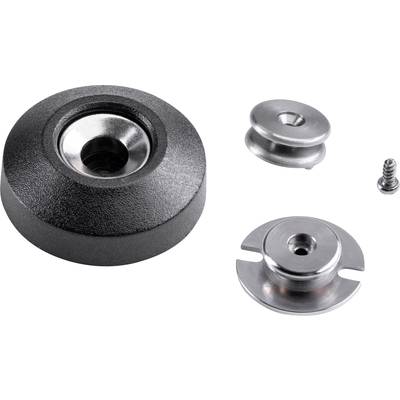 A set of metal and plastic fastening elements, comprising three parts: a black main component and two silver discs.