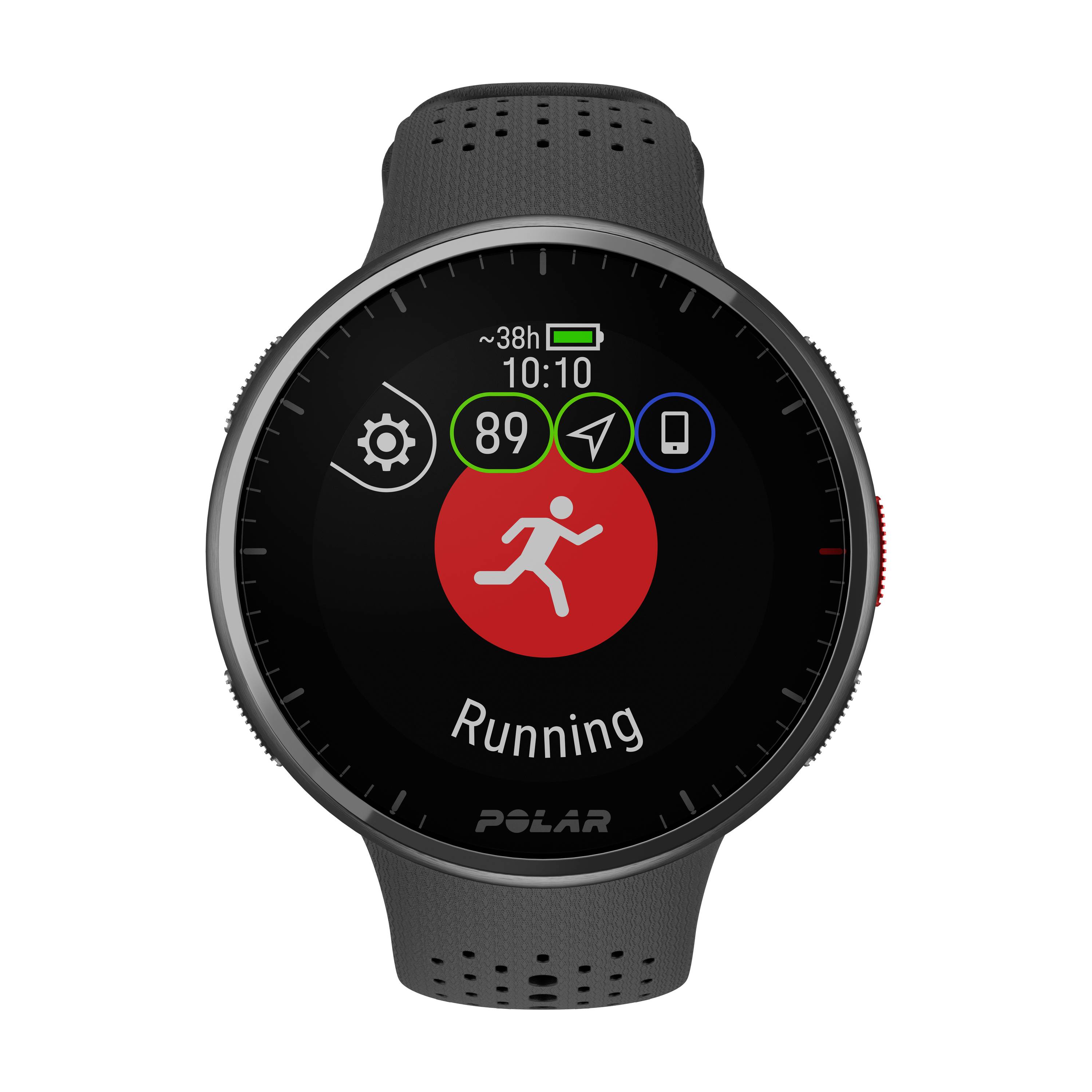 Running smartwatch displays steps, battery level, GPS and time. Main screen shows running icon.