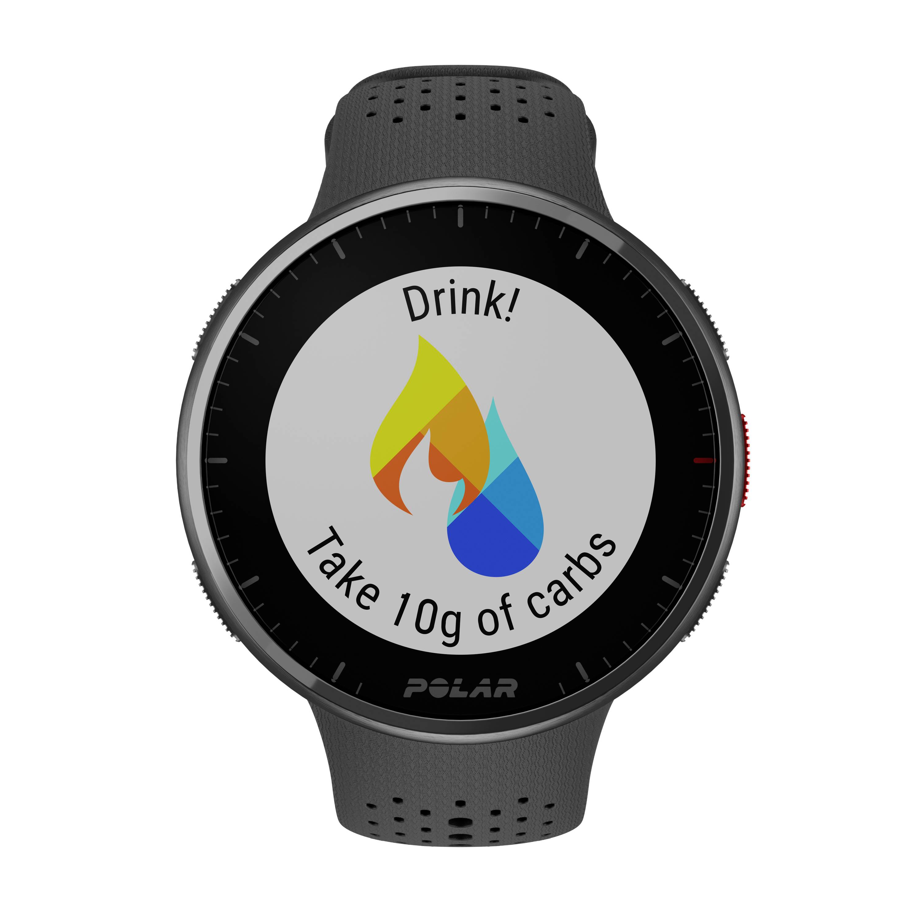 Black smartwatch displays a screen with text 'Drink! Take 10g of carbs' and a symbol with a yellow and blue flame.