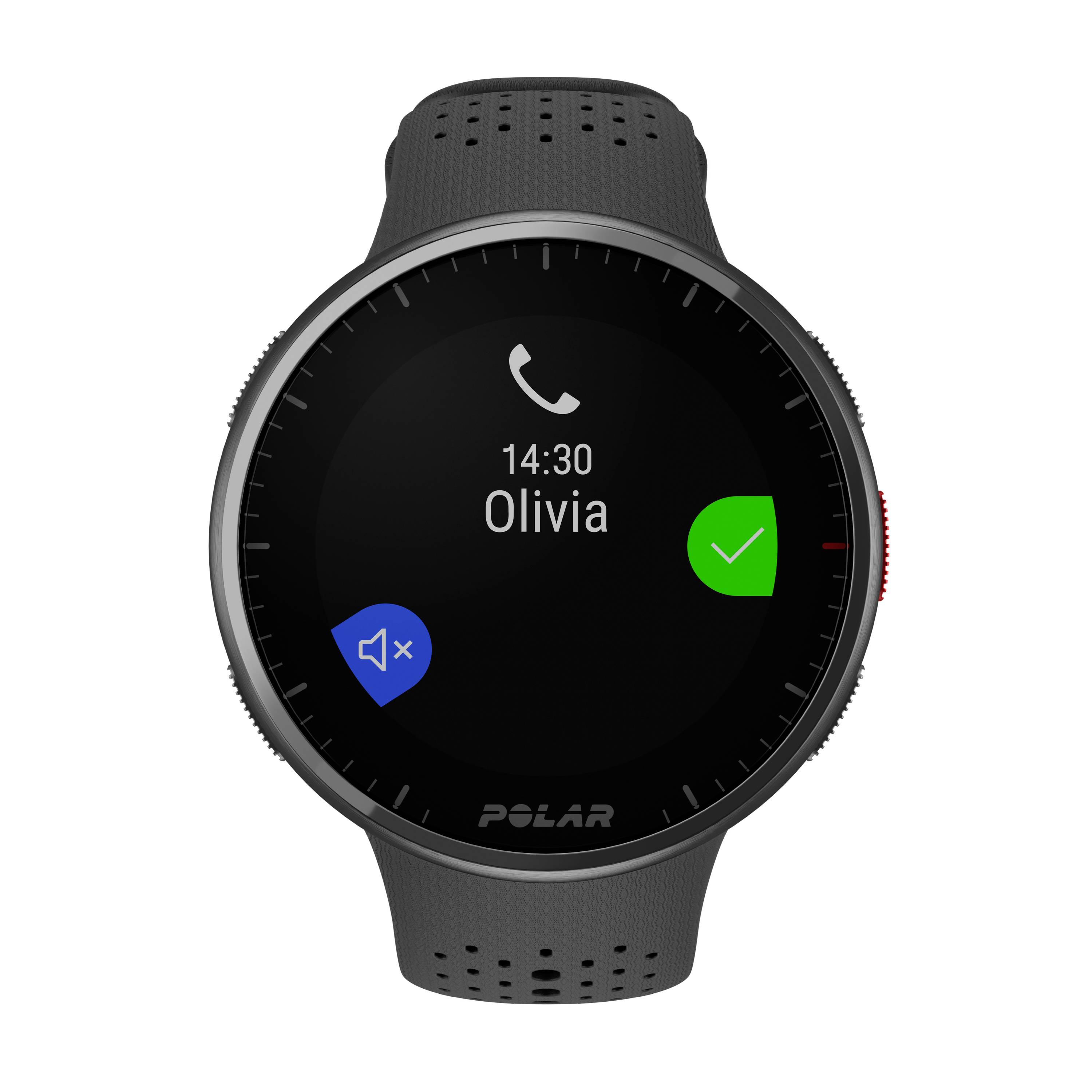 A smartwatch displays an incoming call from 'Olivia' at 2:30 pm. Options to accept or reject the call are visible.