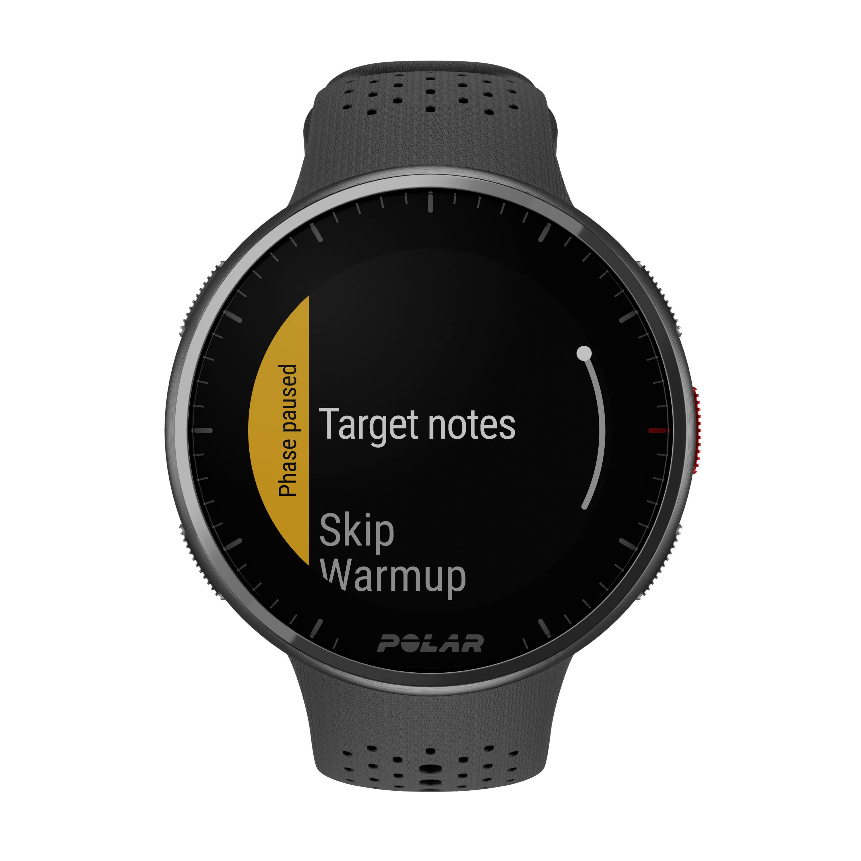 A smartwatch displays the text 'Phase paused', 'Target notes', 'Skip Warmup' on a black surface.
