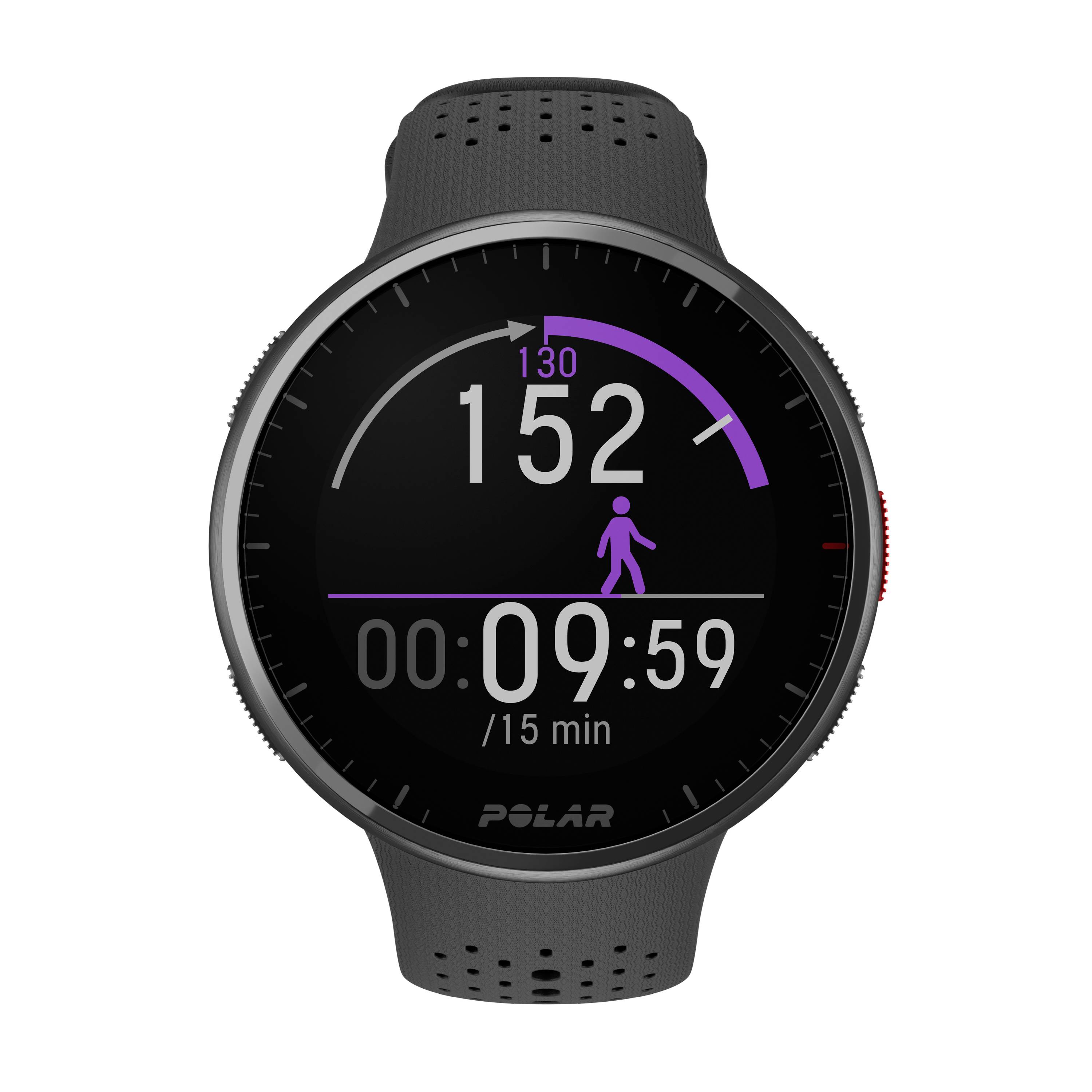 A fitness watch shows a heart rate of 152 beats per minute and an activity duration of 9 minutes and 59 seconds.