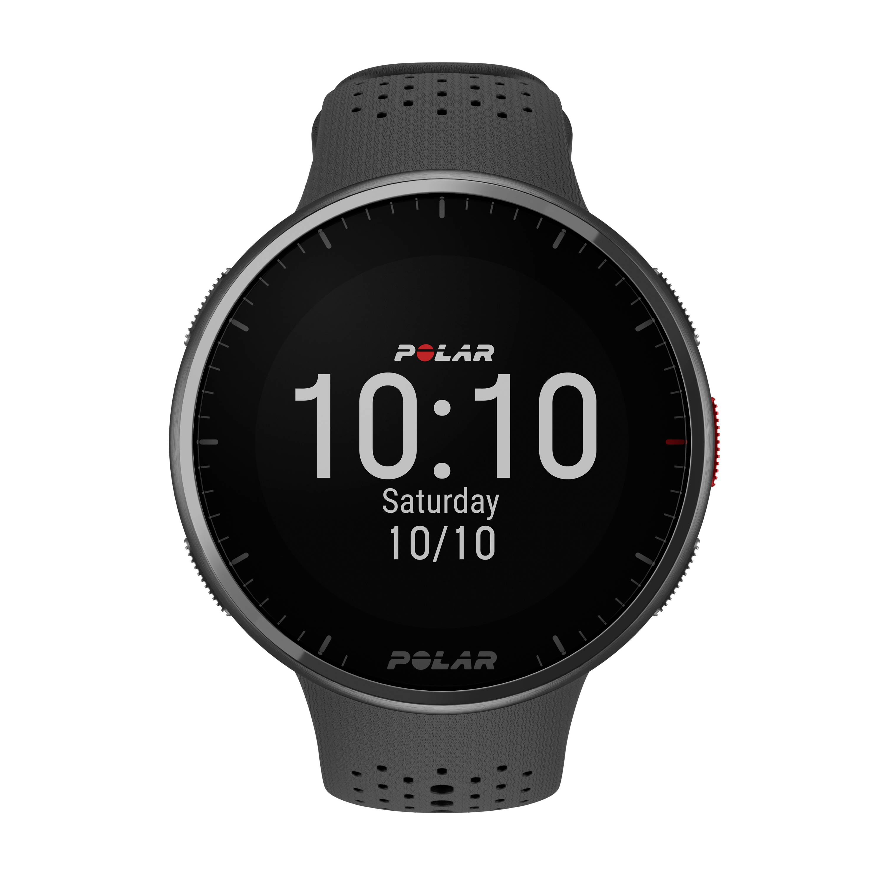 A black smartwatch displays the time '10:10' and the date 'Saturday 10/10' on its digital face.