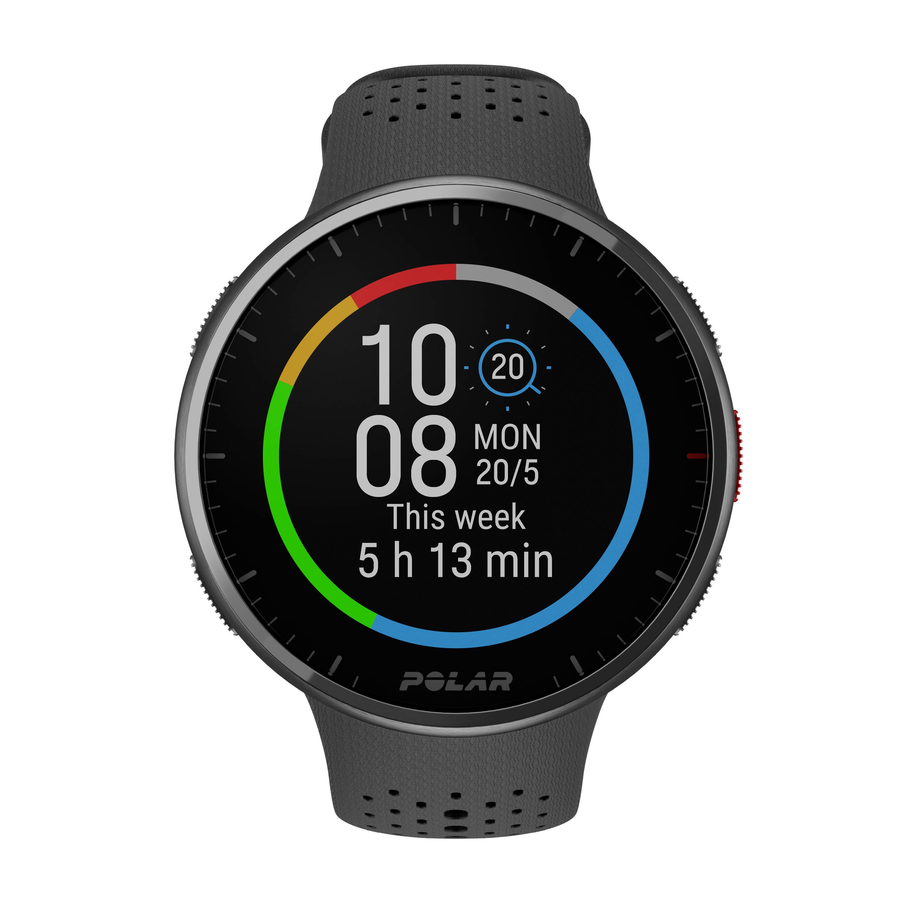 A black smartwatch with a digital display shows the time as 10:08, the date as 20/5, the day of the week as Monday, and 5 hours of activity.