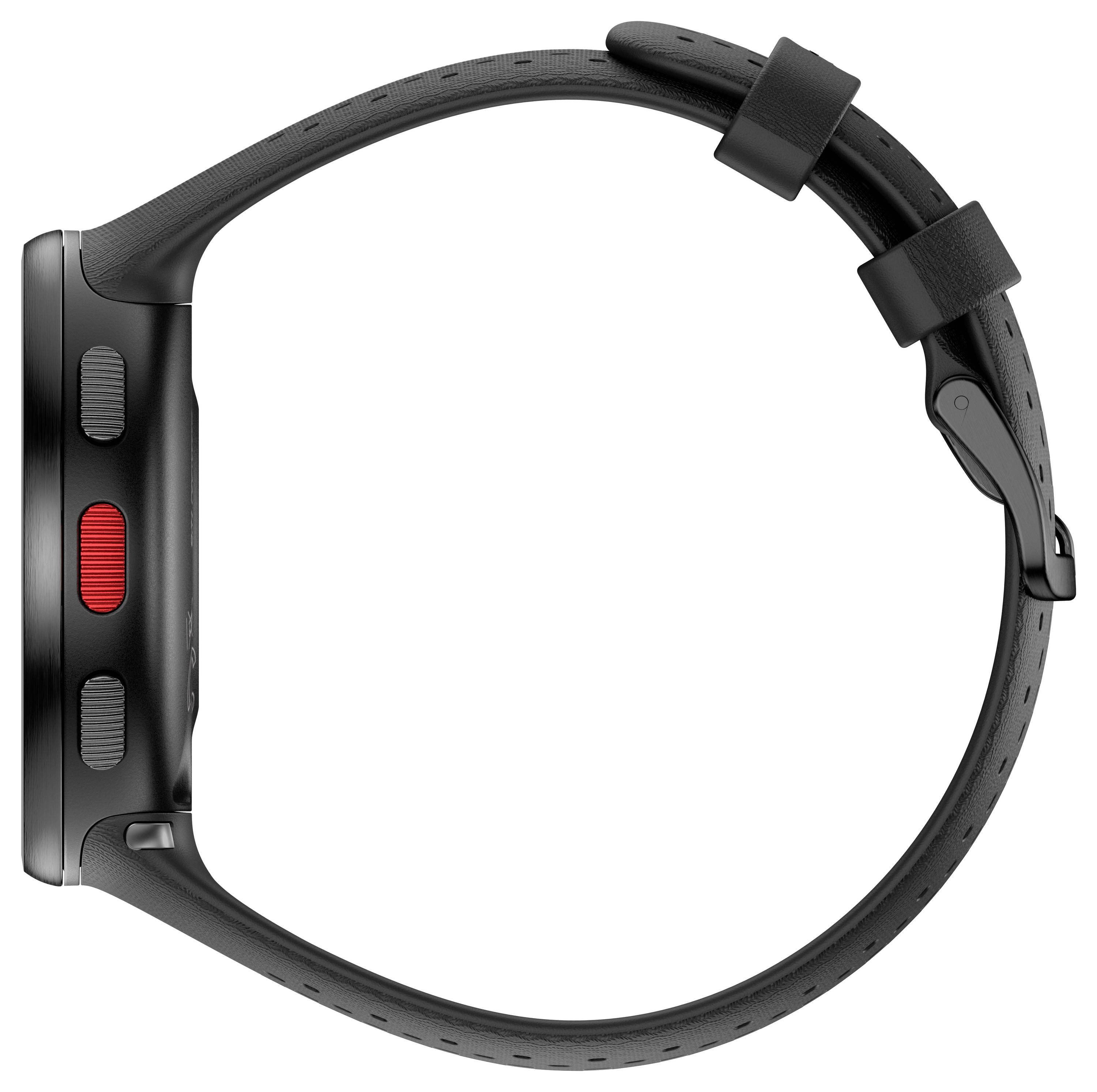 Black smartwatch in side view with red button, black strap and digital display. Minimalist design.