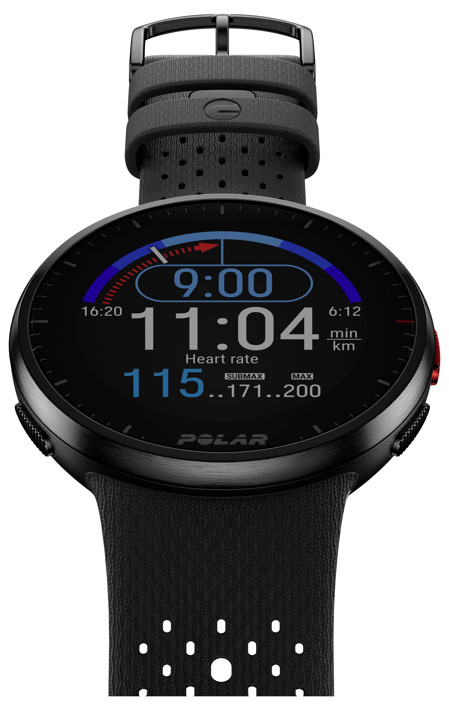 A black smartwatch displays the time as 11:04, a heart rate of 115 bpm, and the progress of a fitness goal.