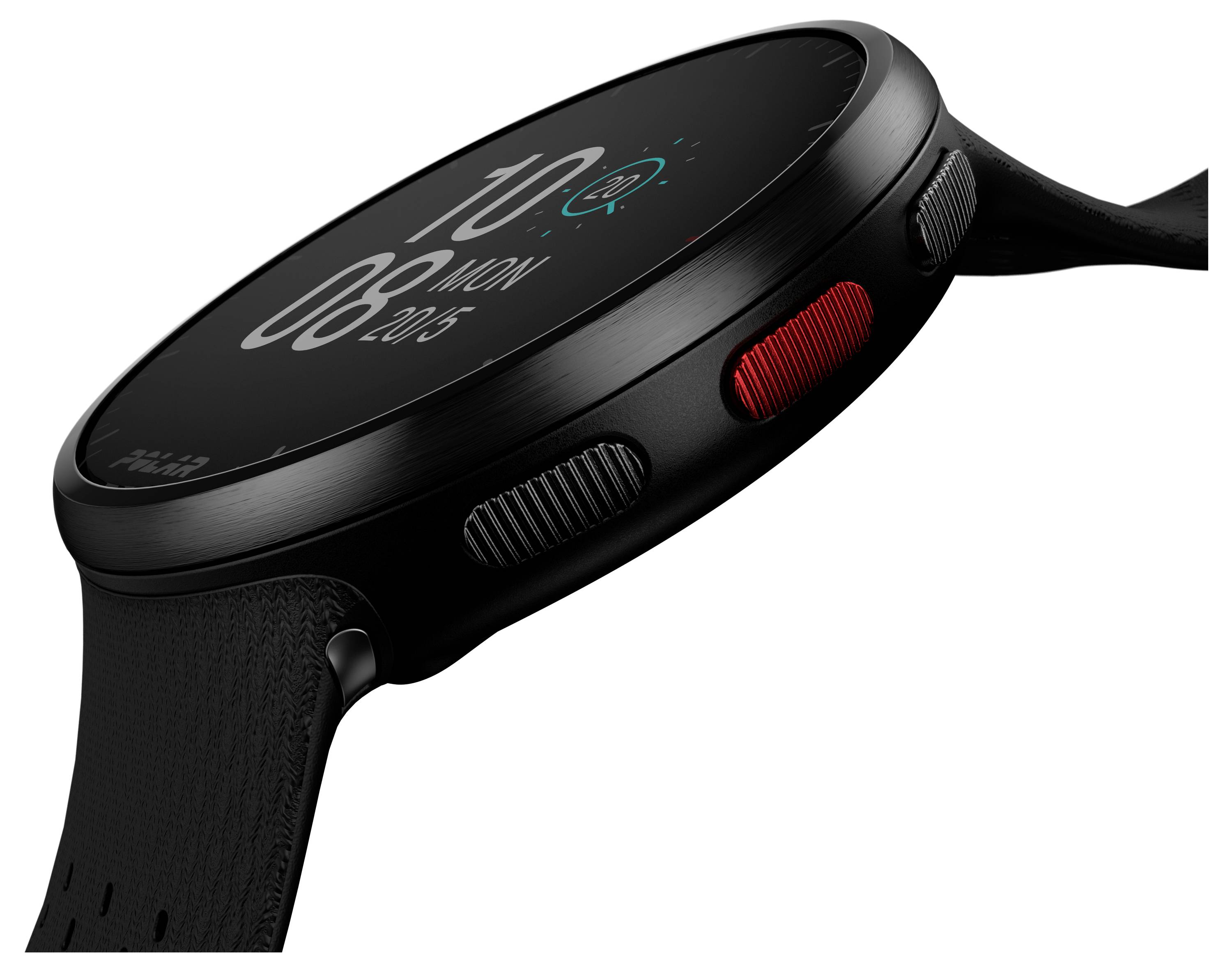 A black smartwatch with a round dial shows the time '10:08'. The design is sleek with red and silver buttons.