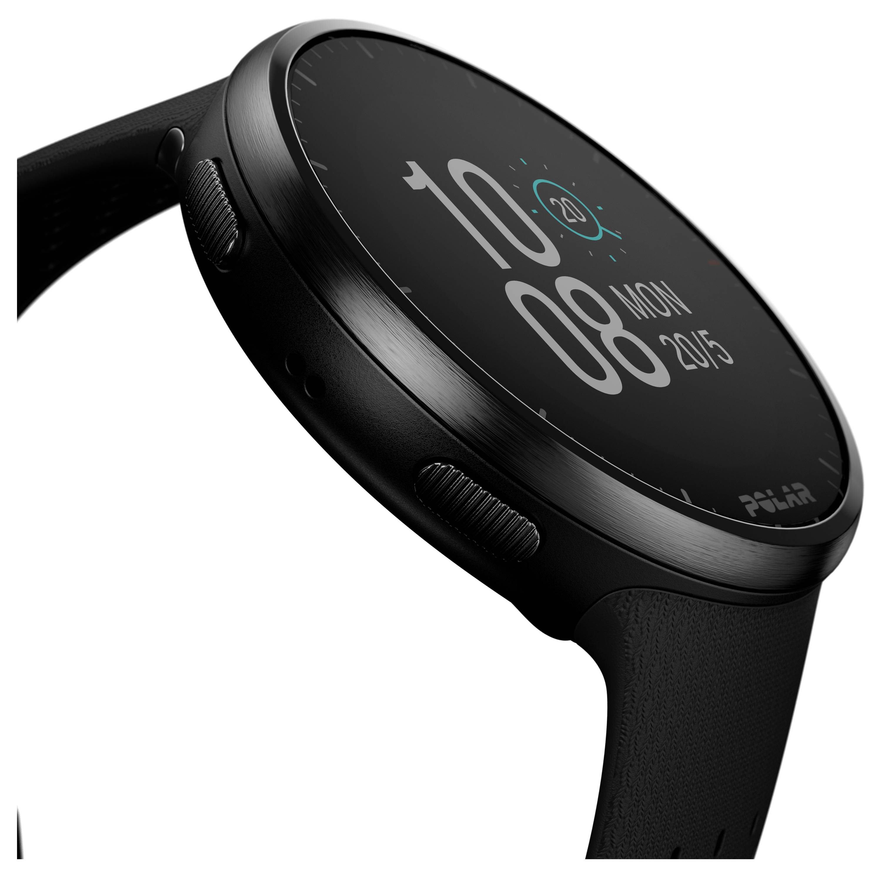 A black smartwatch with a round display shows '10:08 Mon 20-15'. It has side buttons and a sleek design.