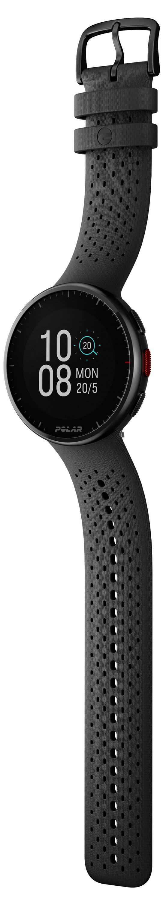 Black smartwatch with a round display, showing time 10:08, Monday, 20th May; perforated strap design.